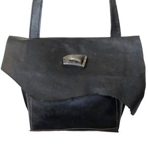 Vintage boho raw leather stitched handbag with stone accent